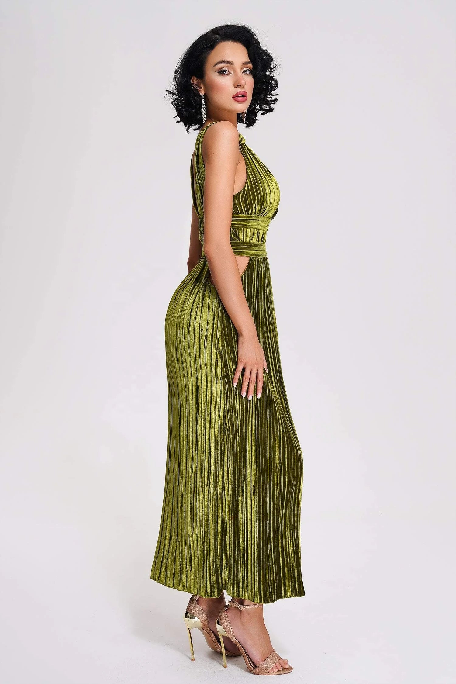 Luxury Olive Velvet Deep V-Neck Pleated Maxi Dress
