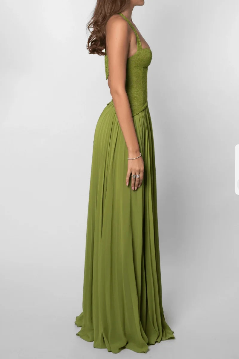 Lace Corset Maxi Dress with Pleated Skirt