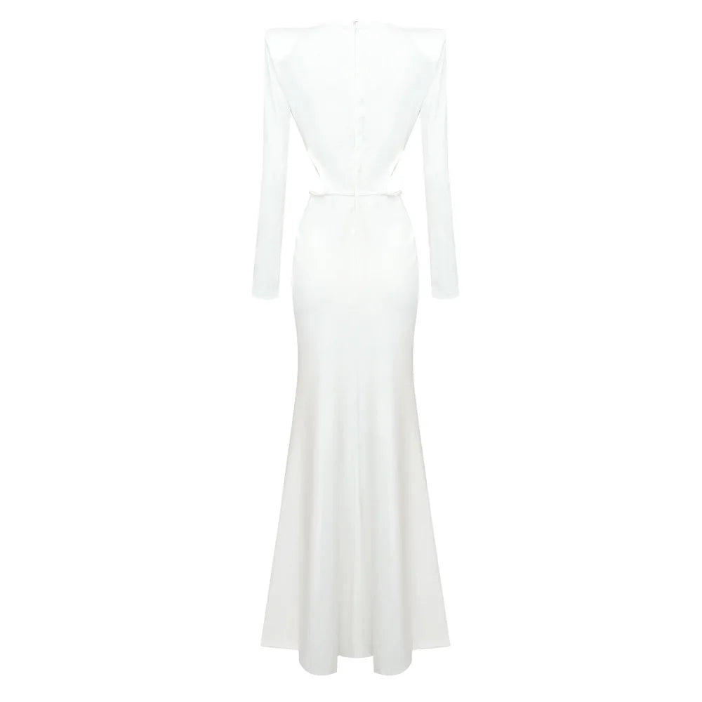 Luxury White V-Neck Long Sleeve High-Slit Evening Dress