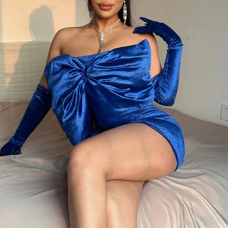 Velvet Bow Statement Mini Dress with Gloves