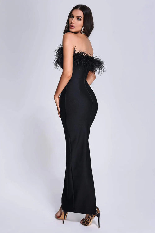 Black Feather Strapless Bandage Evening Dress