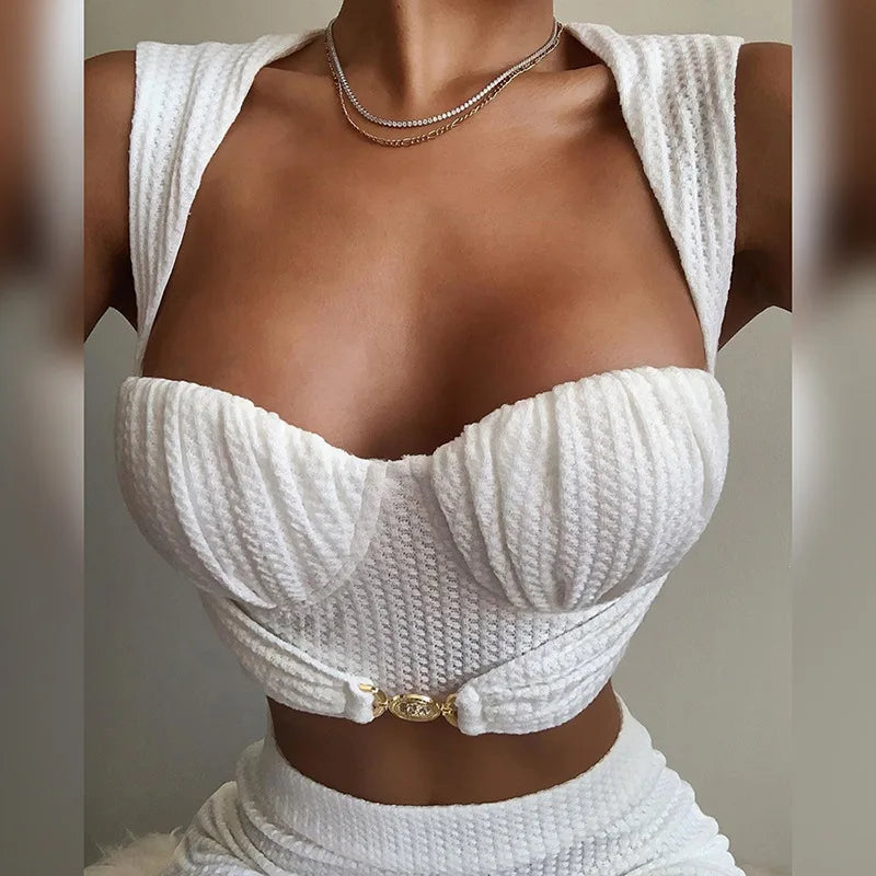 White Textured Two-Piece Set with Sculpted Bust & High-Waist Pants