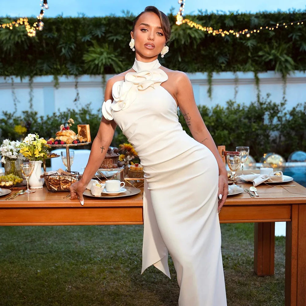 Elegant Rose Halter Maxi Dress