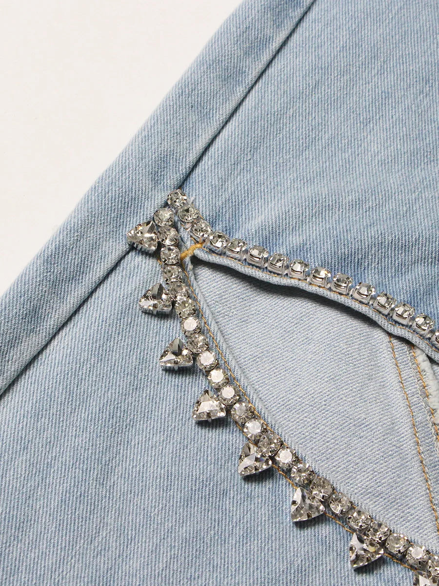 Rhinestone Cut-Out High Waist Wide Leg Denim Jeans