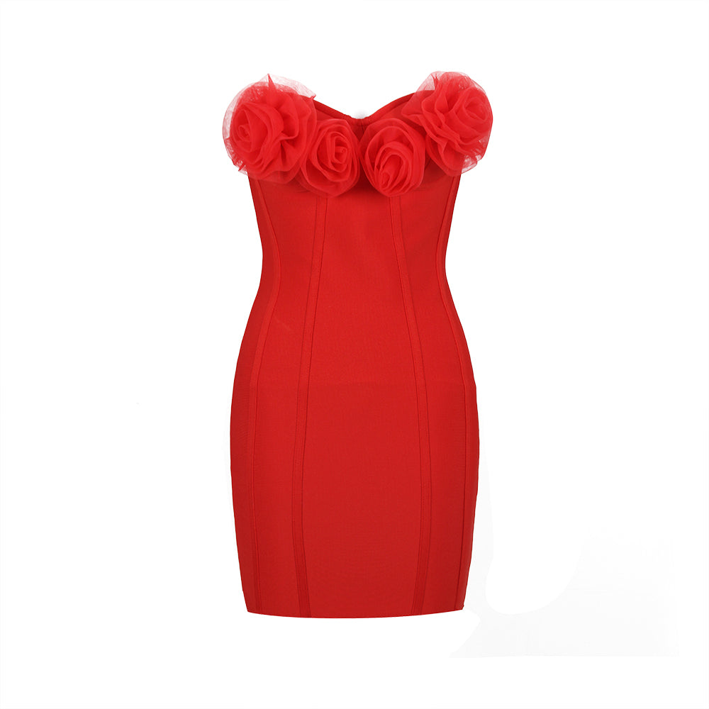 Red Rose Strapless Bandage Mini Dress