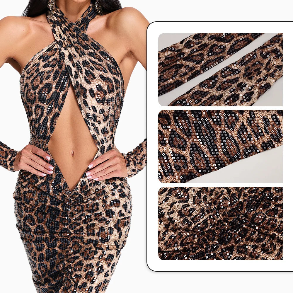 Leopard Sequin Halter Maxi Dress