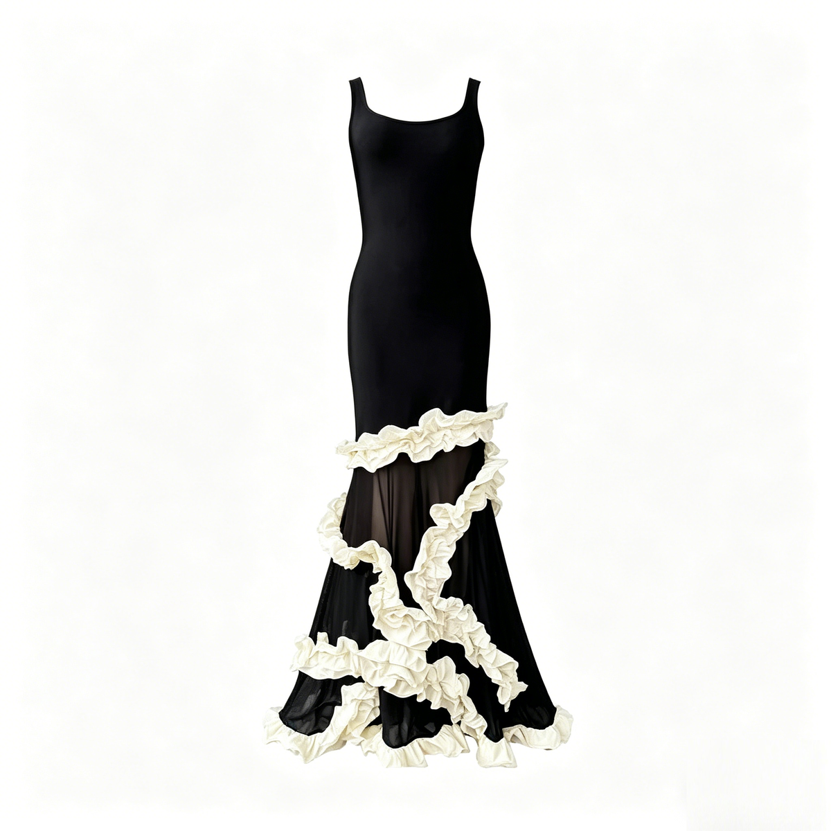 The Aria Ruffled Mesh Maxi Dress – Black & Cream