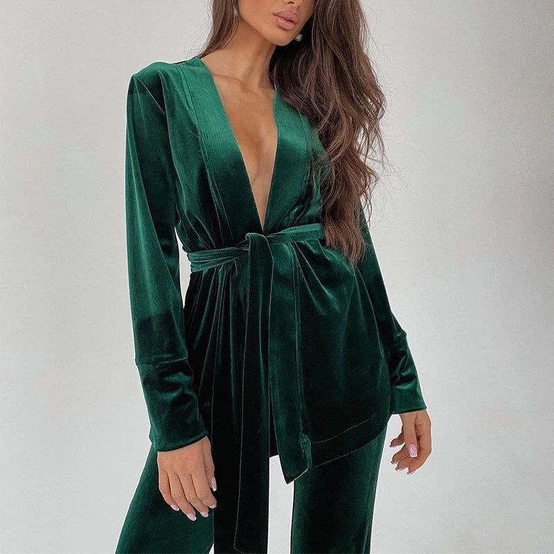 Velvet Belted Deep-V Jumpsuit