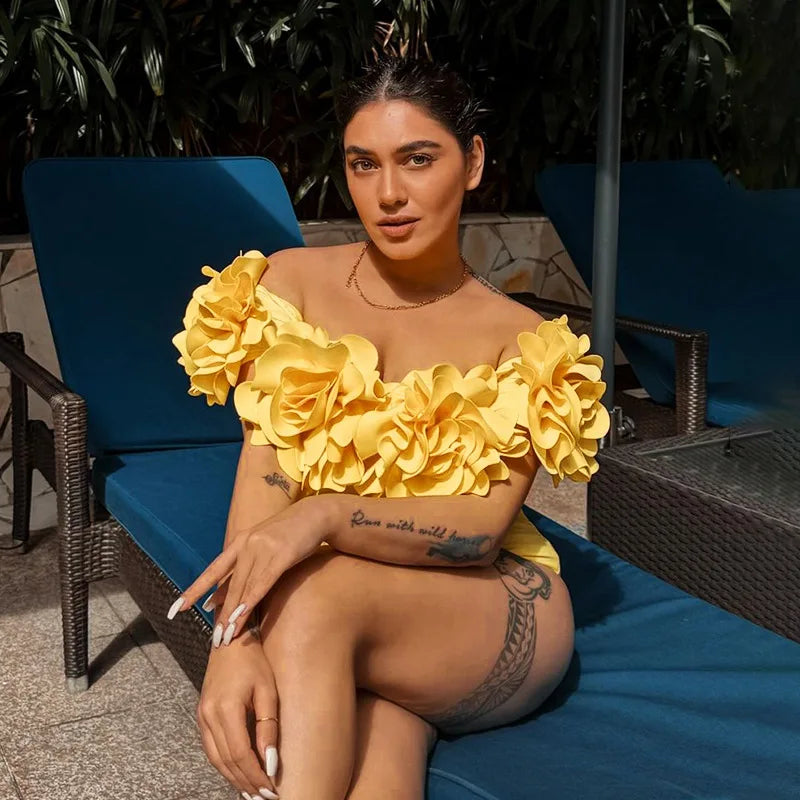 3D Flower Off-Shoulder One-Piece Swimsuit