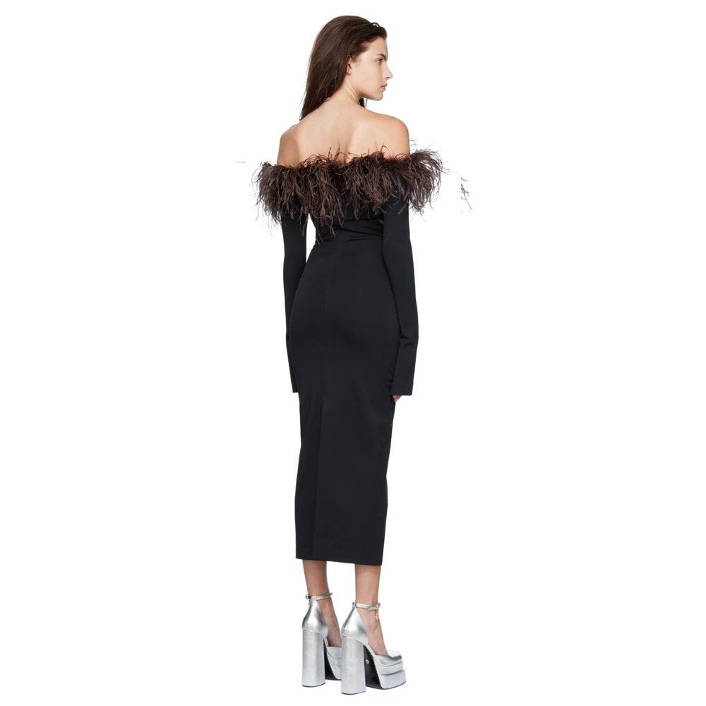 Feather Off-Shoulder Bandage Midi Dress
