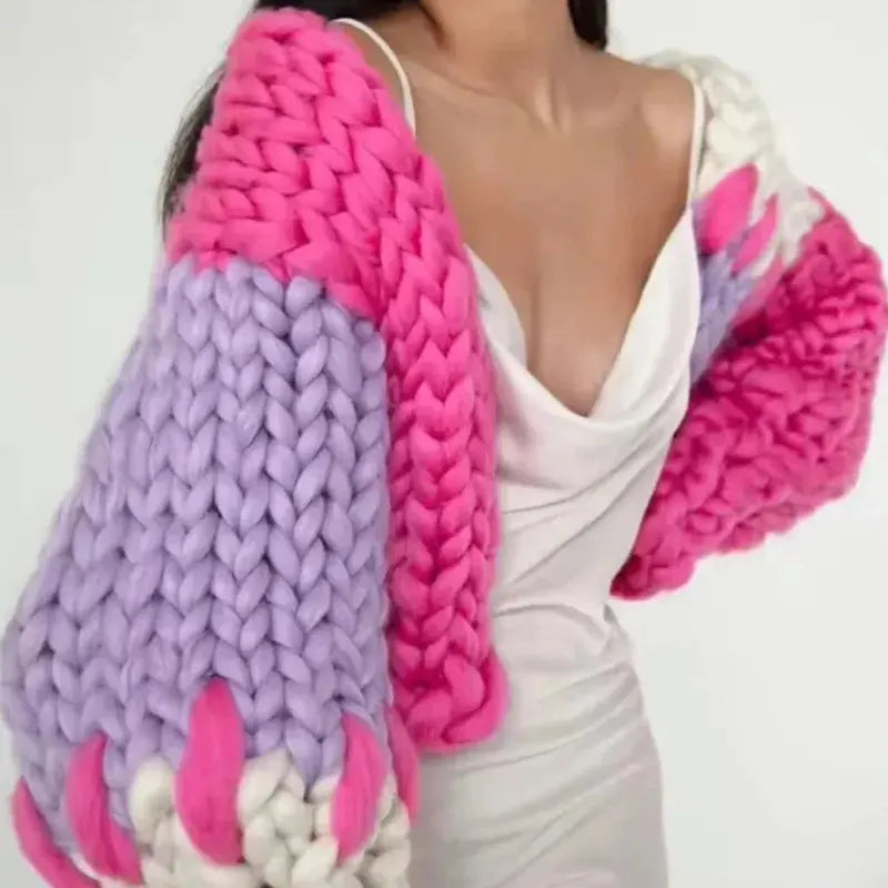 Pink & Purple Chunky Knit Cardigan | Oversized Handmade Jacquard Sweater MYLINE