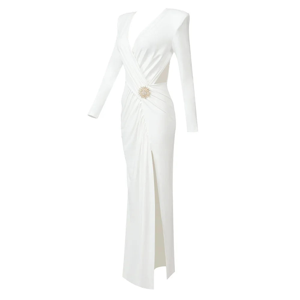 Luxury White V-Neck Long Sleeve High-Slit Evening Dress