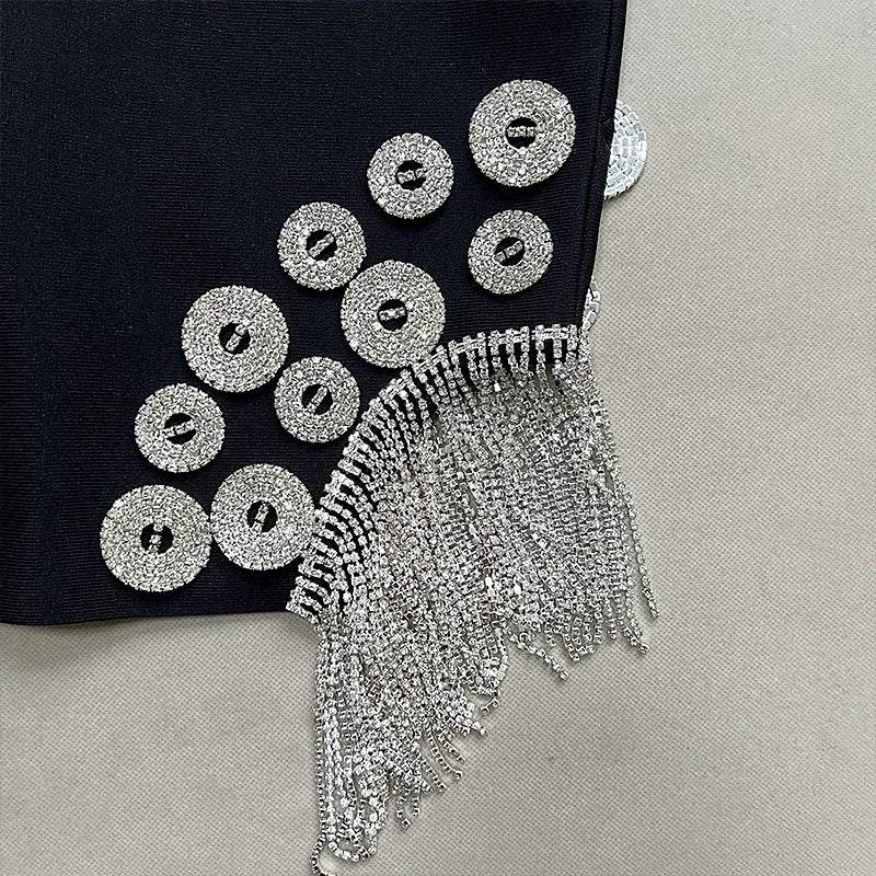 Luxury Black Velvet Crystal Tassel Mini Dress