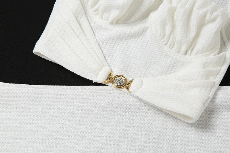 White Textured Two-Piece Set with Sculpted Bust & High-Waist Pants