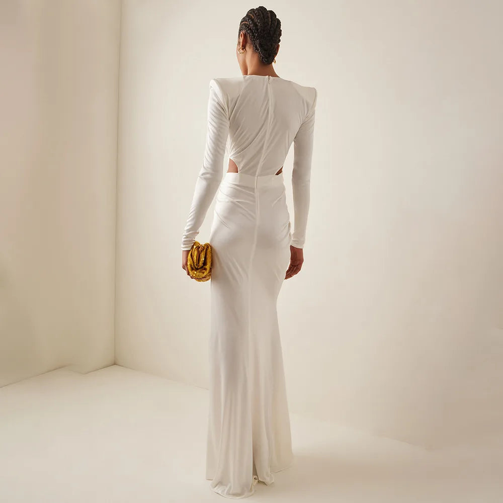 Luxury White V-Neck Long Sleeve High-Slit Evening Dress