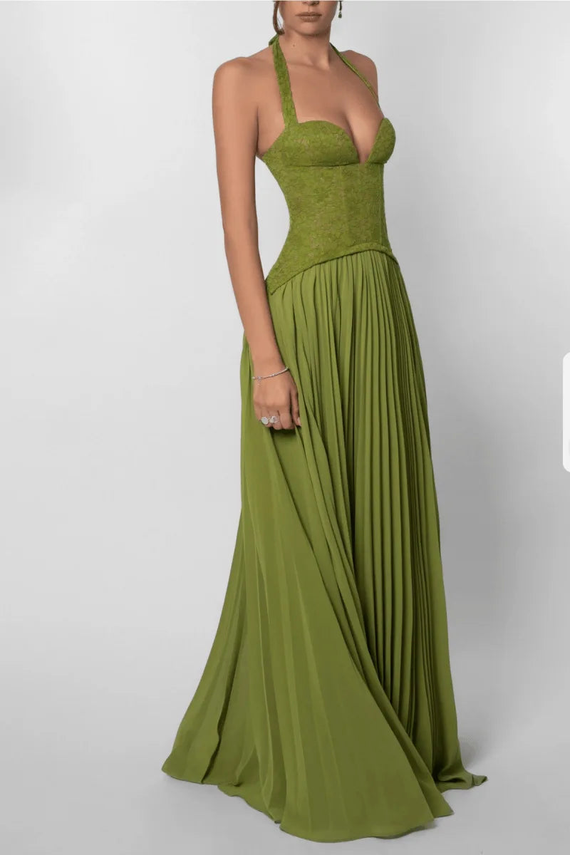 Lace Corset Maxi Dress with Pleated Skirt