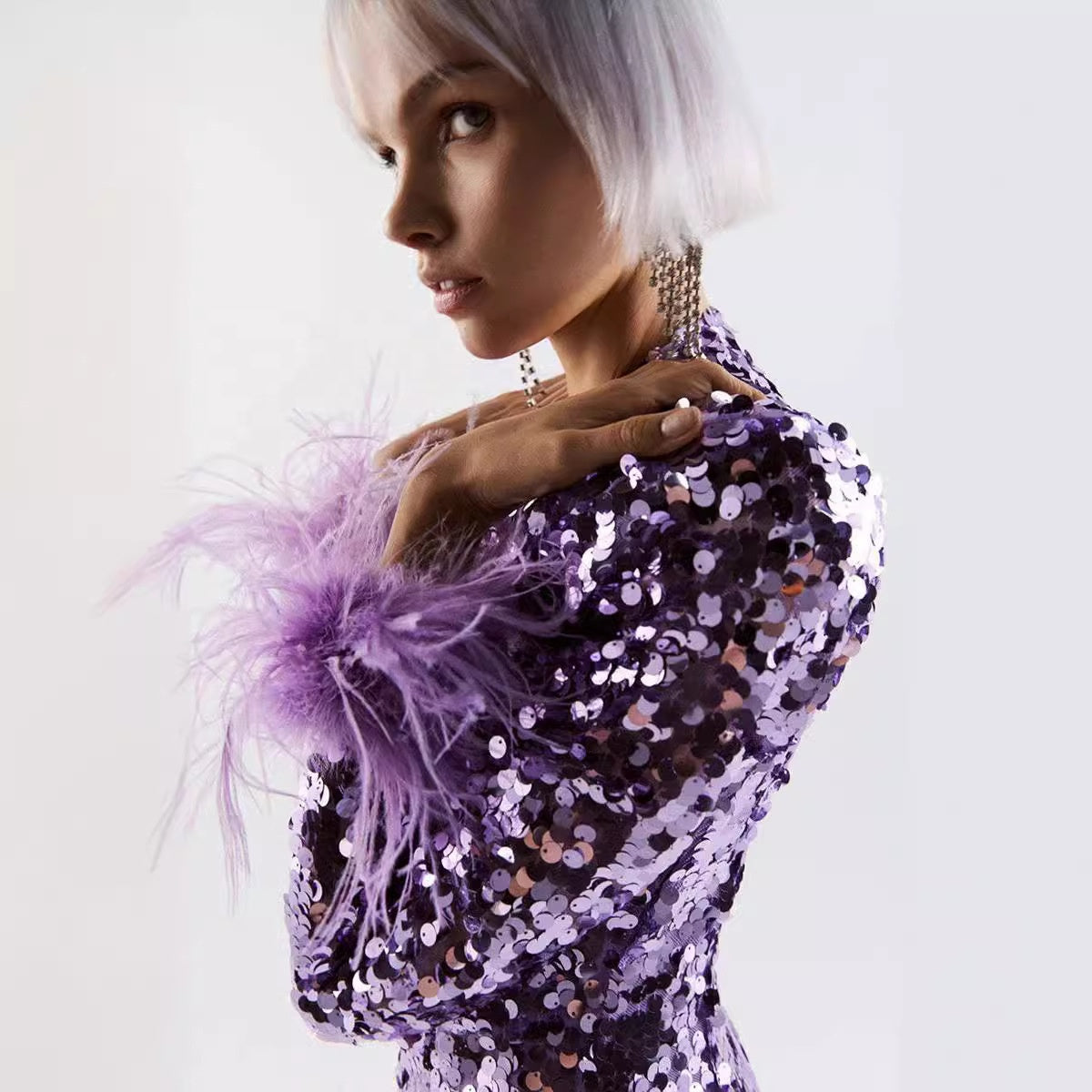 Sequin Feather Long Sleeve Midi Dress