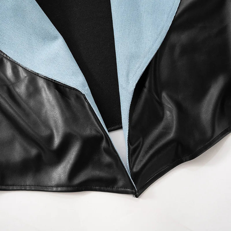 Cropped Faux Leather Jacket with Contrast Lapel