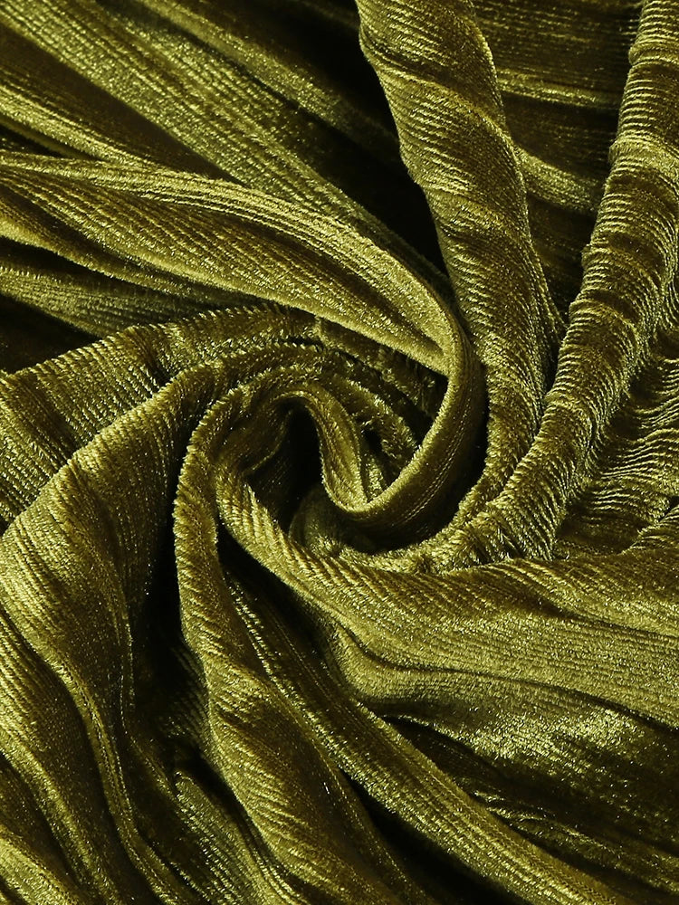 Luxury Olive Velvet Deep V-Neck Pleated Maxi Dress