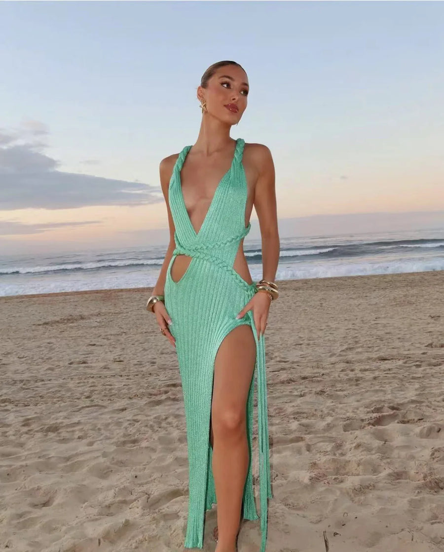 Emerald Knit Backless Halter Maxi Dress