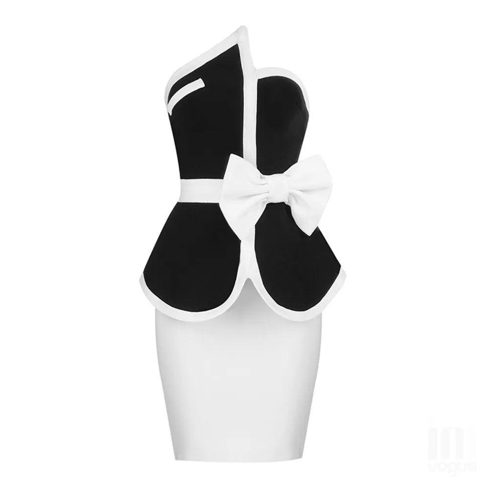 Monochrome Asymmetrical Bow Mini Dress