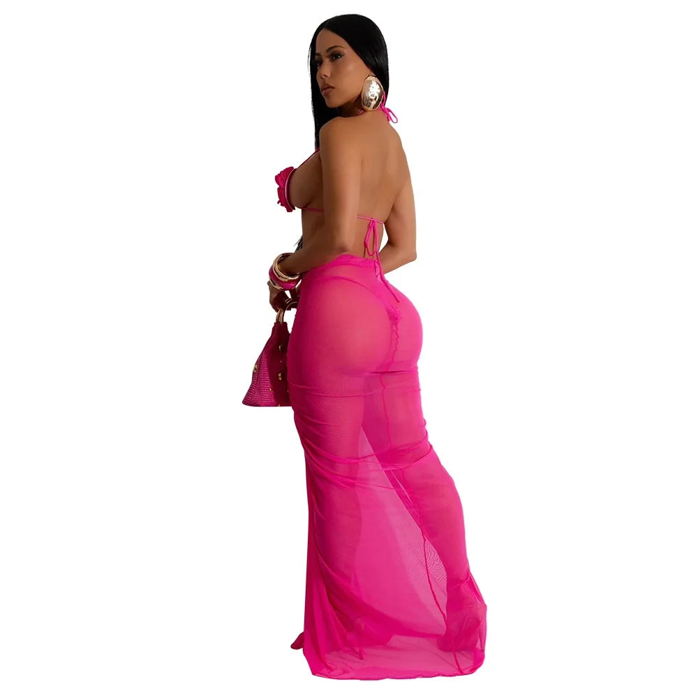 Floral Halter Bikini & Sheer Sarong Set