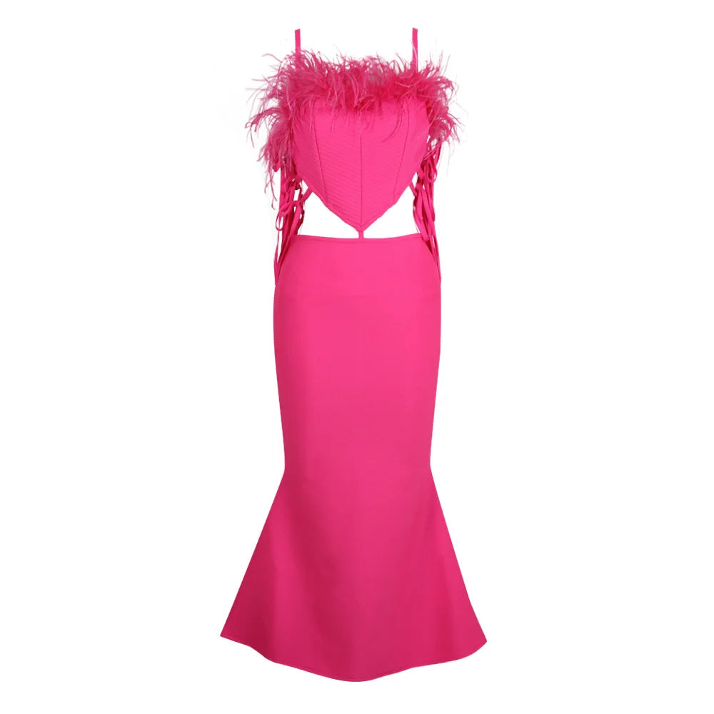 Pink Feather Cut-Out Mermaid Bandage Dress