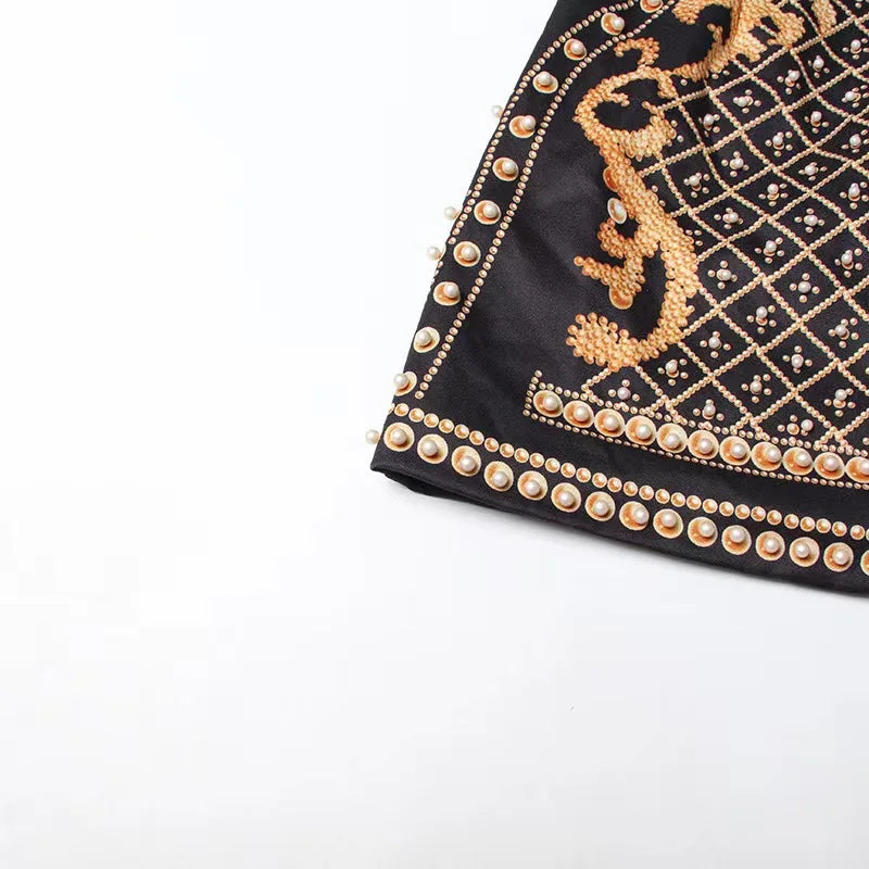 Black & Gold One-Shoulder Pearl Embellished Mini Dress