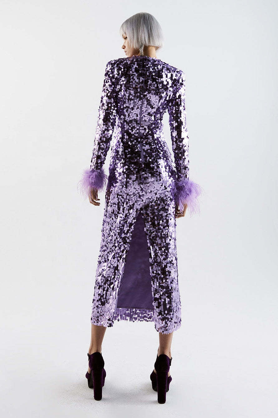 Sequin Feather Long Sleeve Midi Dress