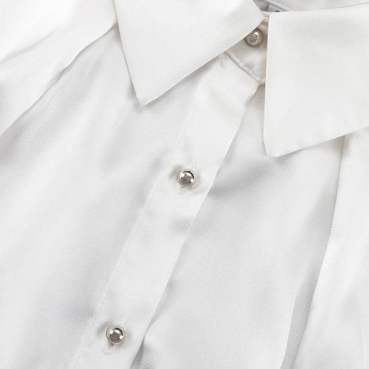 Elegant Off-Shoulder Satin Blouse with Black Tie