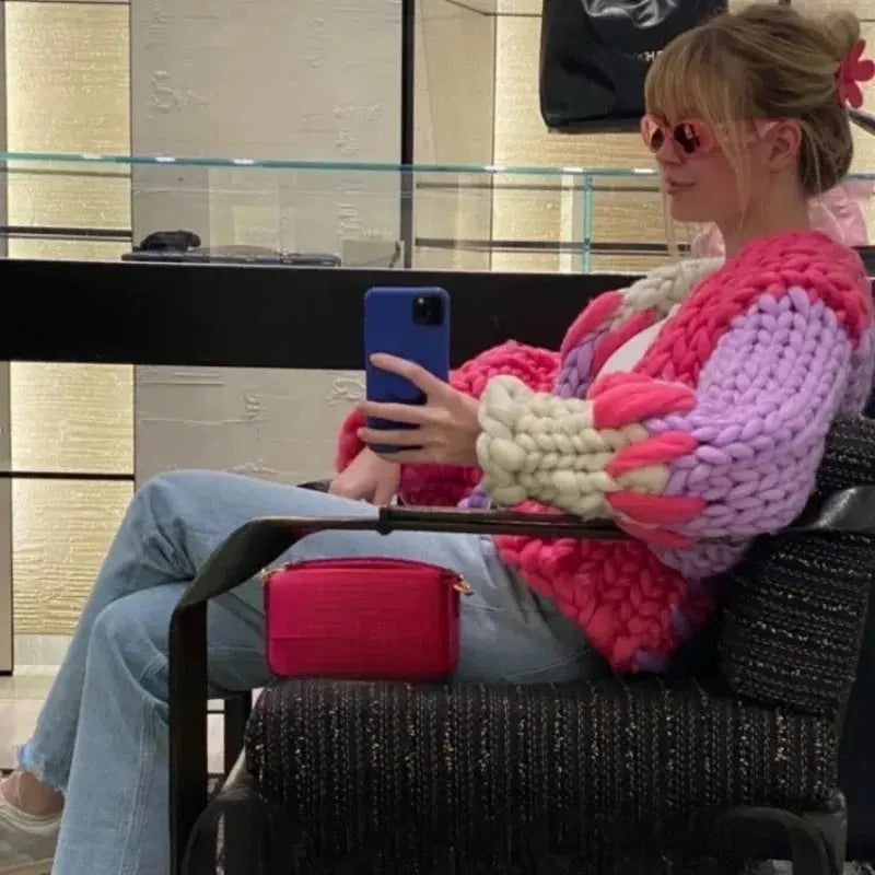 Pink & Purple Chunky Knit Cardigan | Oversized Handmade Jacquard Sweater MYLINE