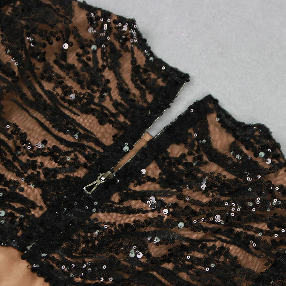 Black Sequin Cut-Out Jumpsuit with Feather Cuffs MYLINE