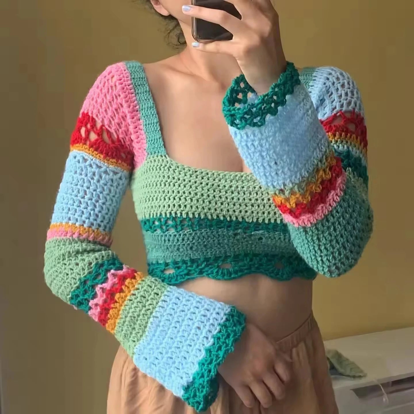Handmade Crochet Crop Sweater | Colorful Long Sleeve Knit Top MYLINE