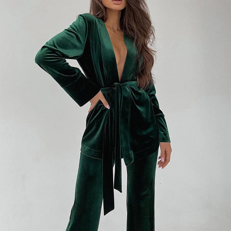 Velvet Belted Deep-V Jumpsuit