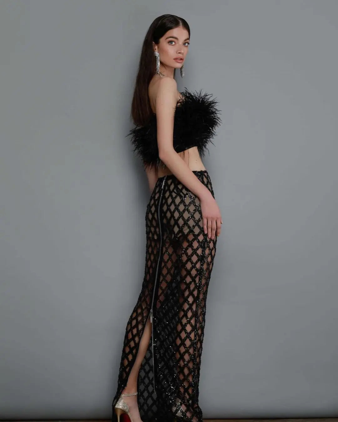 Feather Crystal Skirt Set