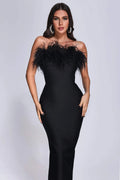 Black Feather Strapless Bandage Evening Dress