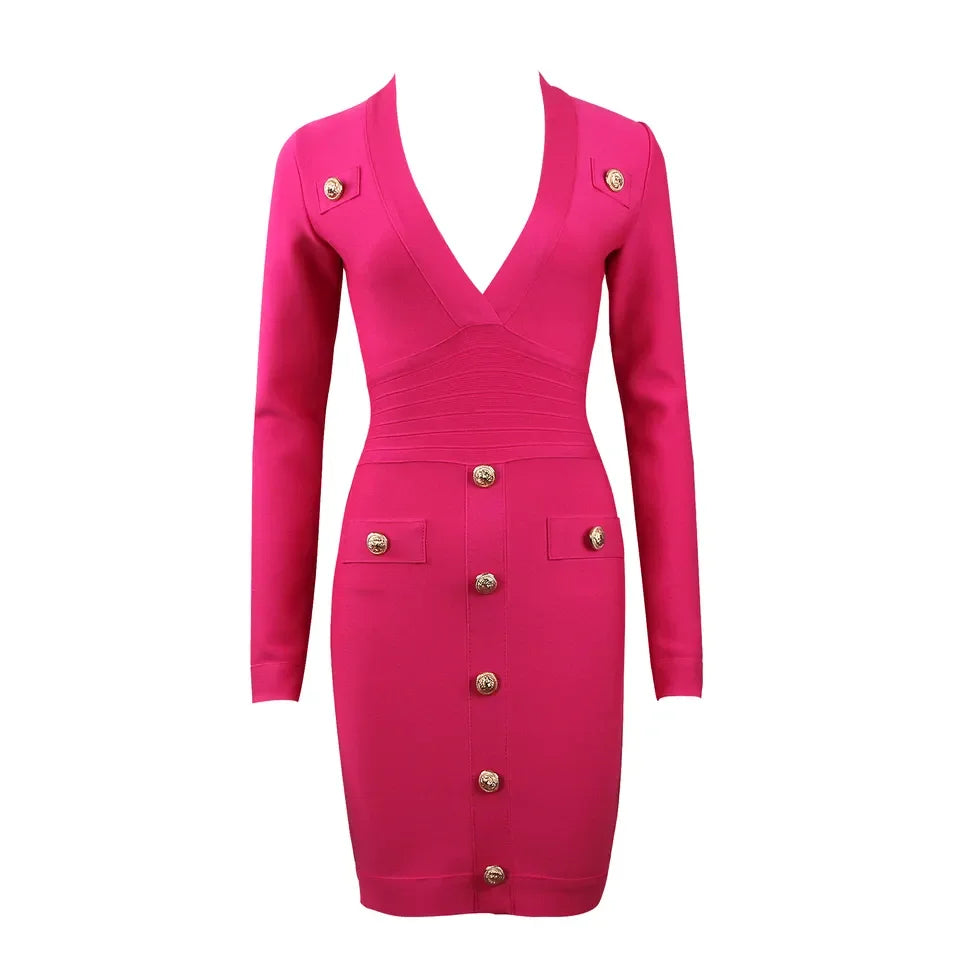 Pink Deep V Long Sleeve Bodycon Dress