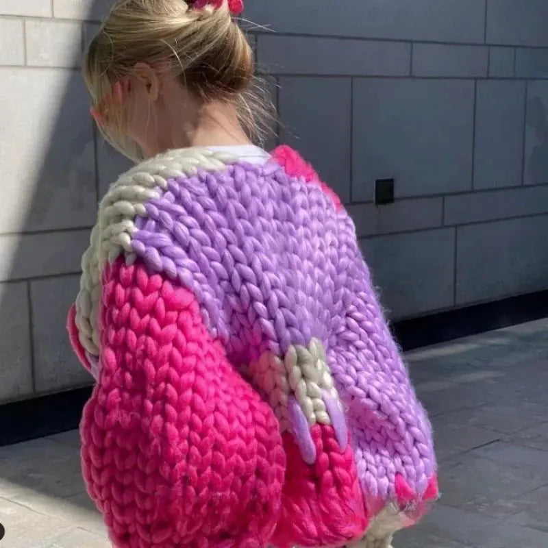 Pink & Purple Chunky Knit Cardigan | Oversized Handmade Jacquard Sweater MYLINE