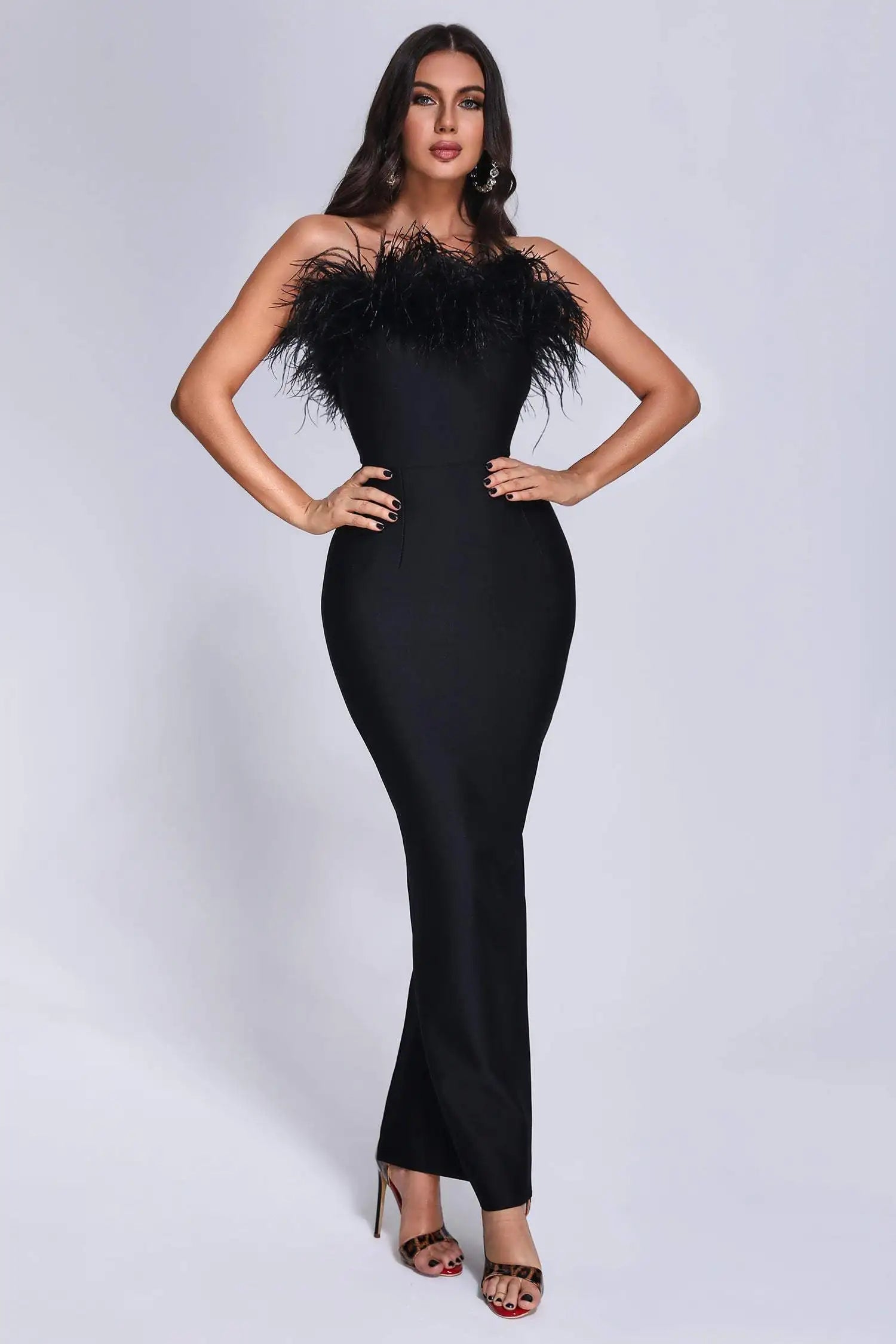 Black Feather Strapless Bandage Evening Dress