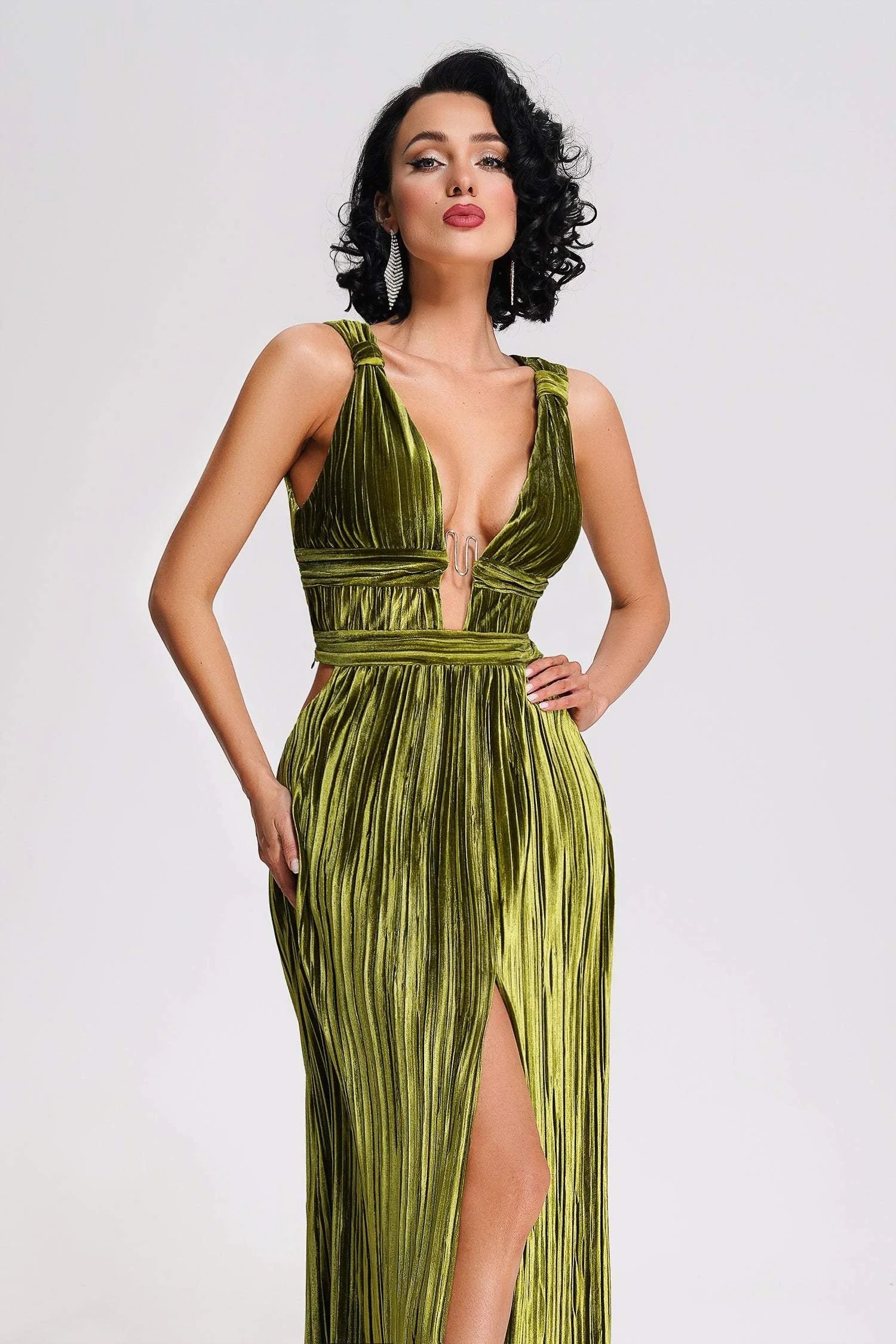 Luxury Olive Velvet Deep V-Neck Pleated Maxi Dress