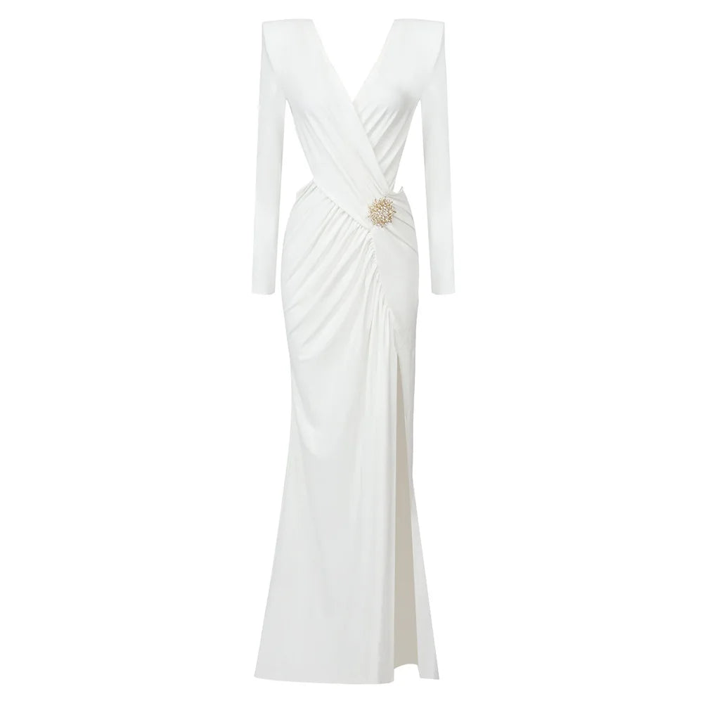 Luxury White V-Neck Long Sleeve High-Slit Evening Dress