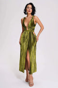 Luxury Olive Velvet Deep V-Neck Pleated Maxi Dress