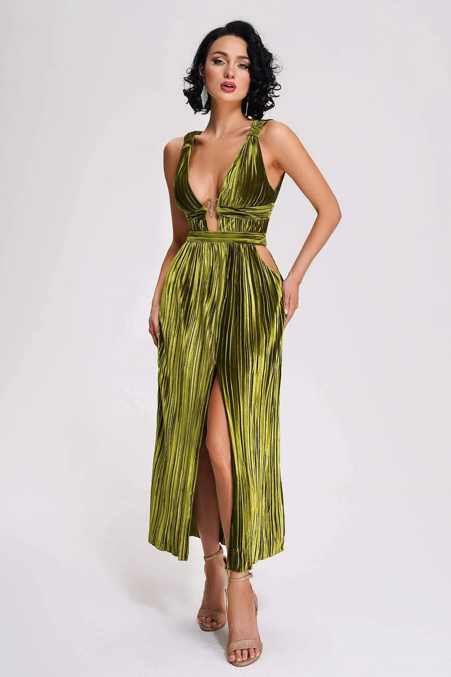 Luxury Olive Velvet Deep V-Neck Pleated Maxi Dress