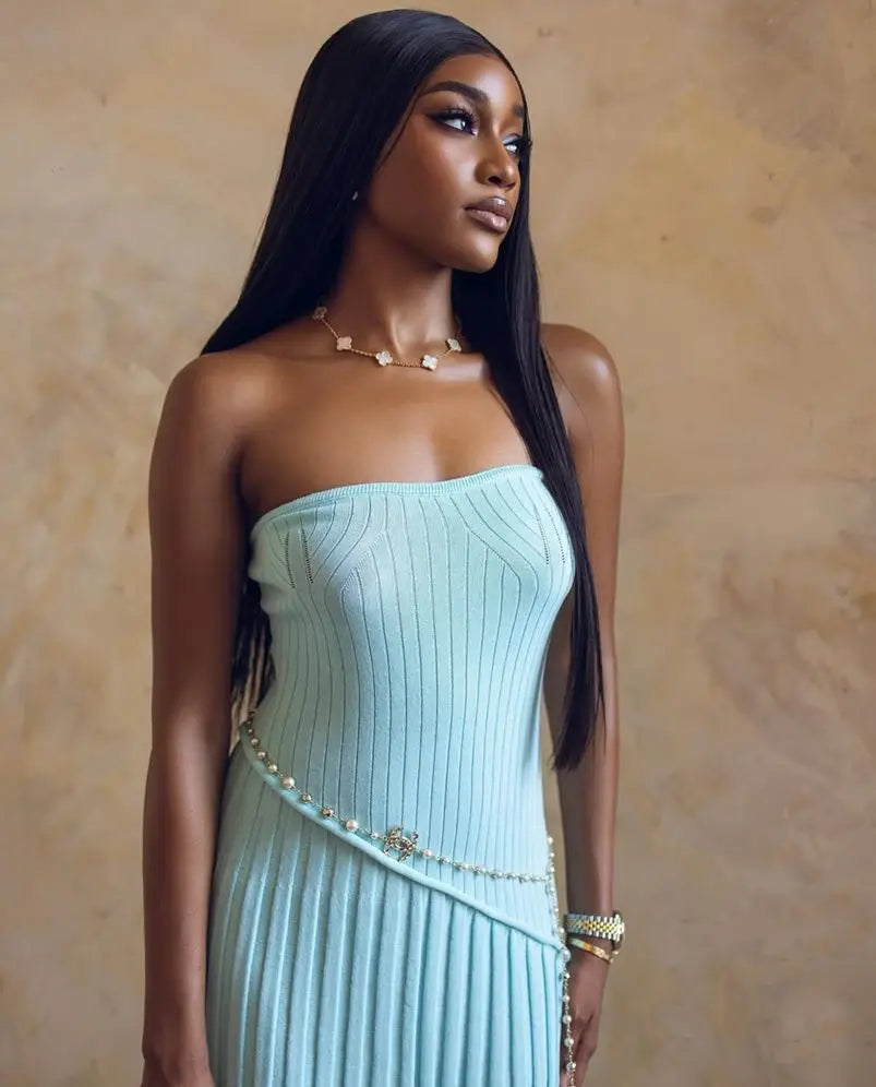 Strapless Ribbed Knit Maxi Dress