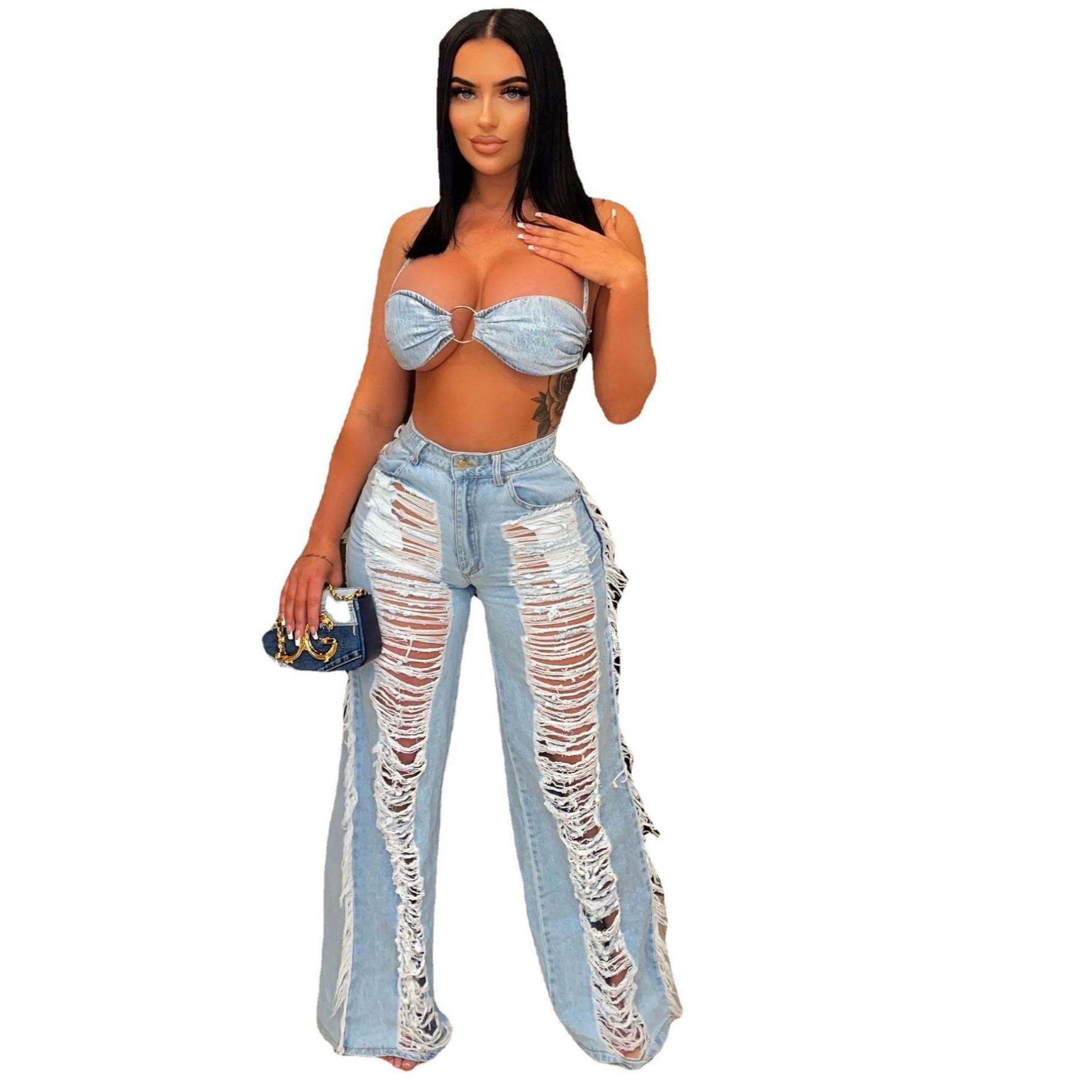 Distressed Denim Two-Piece Set