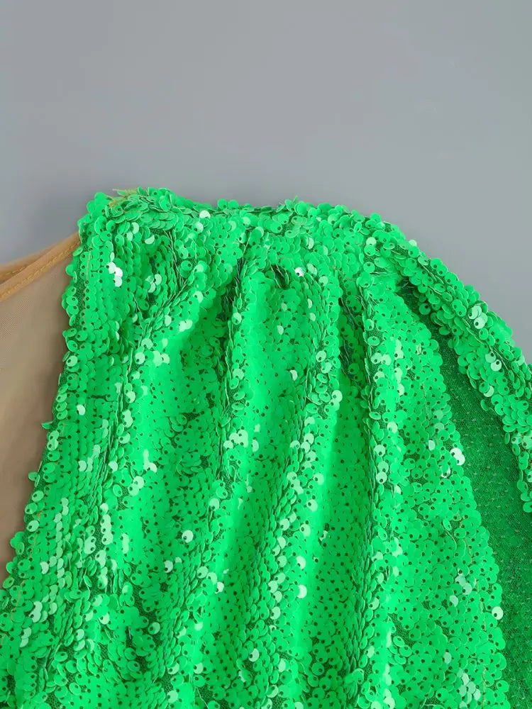 Green One-Shoulder Sequin Mini Dress
