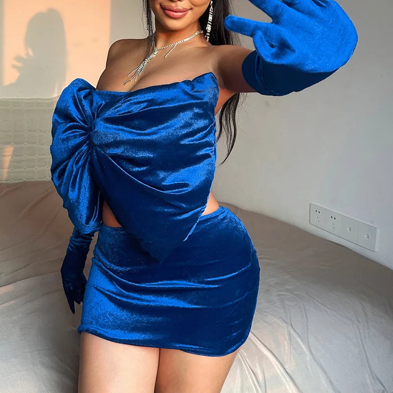 Velvet Bow Statement Mini Dress with Gloves