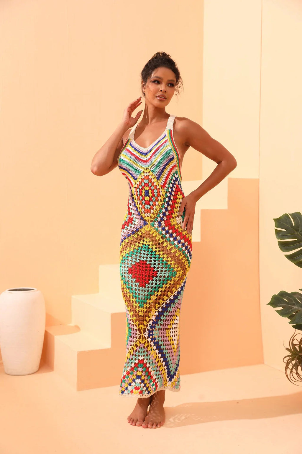 Handmade Colorful Knit Maxi Dress | Crochet Patchwork Boho Cover-Up. MYLINE