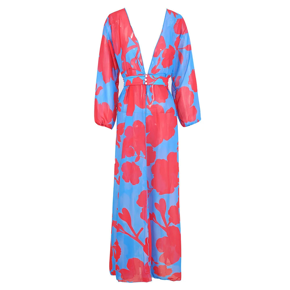 Sheer Printed Maxi Cover-Up Dress