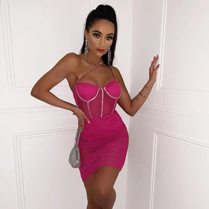 Crystal Strap Ruched Mesh Mini Dress